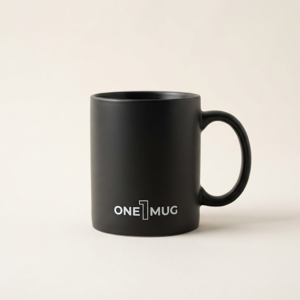 ONE1MUG matte black ceramic mug shown at a three-quarter angle